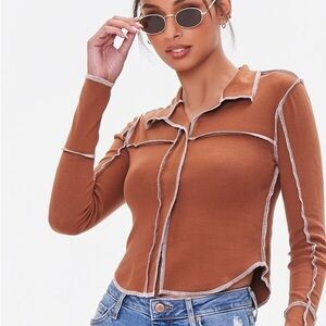 Forever 21 brown and white inverted seam collar top